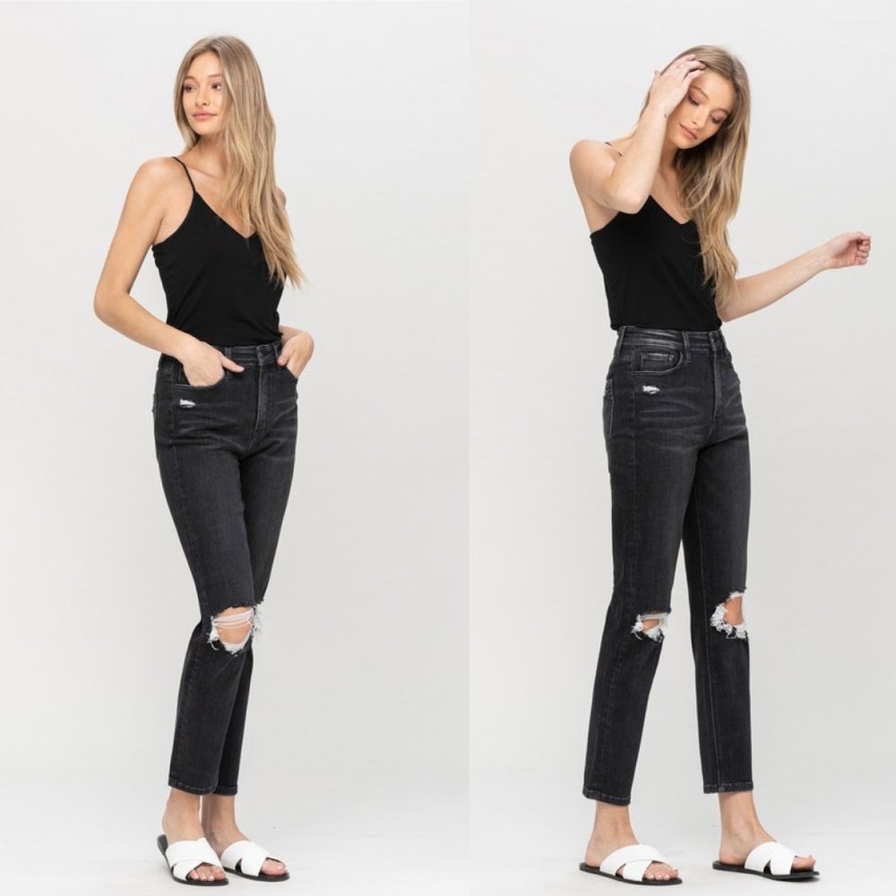 Distressed Black Stretch High Rise Mom Jeans